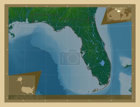 Foto de Florida, estado de los Estados Unidos de América. Mapa de elevación de colores con lagos y ríos. Ubicaciones de las principales ciudades de la región. Mapas de ubicación auxiliares de esquina - Imagen libre de derechos