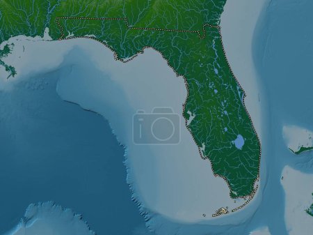 Téléchargez les photos : Floride, État des États-Unis d'Amérique. Carte d'altitude colorée avec lacs et rivières - en image libre de droit