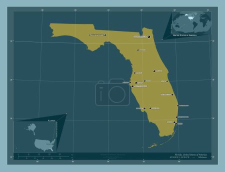 Photo for Florida, state of United States of America. Solid color shape. Locations and names of major cities of the region. Corner auxiliary location maps - Royalty Free Image