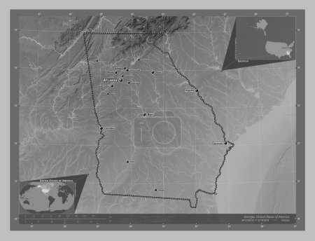 Photo for Georgia, state of United States of America. Grayscale elevation map with lakes and rivers. Locations and names of major cities of the region. Corner auxiliary location maps - Royalty Free Image