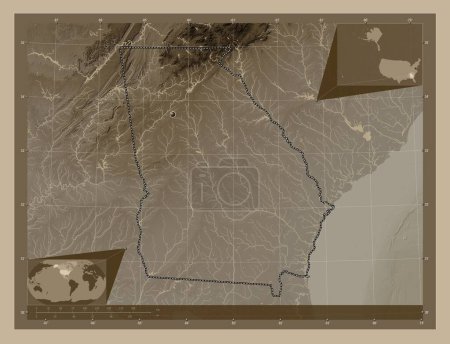 Téléchargez les photos : Géorgie, État des États-Unis d'Amérique. Carte d'altitude colorée dans des tons sépia avec des lacs et des rivières. Corner cartes de localisation auxiliaires - en image libre de droit