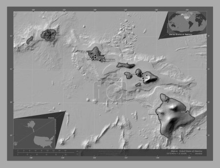 Téléchargez les photos : Hawaï, État des États-Unis d'Amérique. Carte d'altitude de Bilevel avec lacs et rivières. Emplacements et noms des grandes villes de la région. Corner cartes de localisation auxiliaires - en image libre de droit