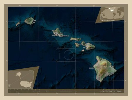 Téléchargez les photos : Hawaï, État des États-Unis d'Amérique. Carte satellite haute résolution. Emplacements et noms des grandes villes de la région. Corner cartes de localisation auxiliaires - en image libre de droit