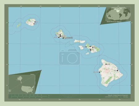 Téléchargez les photos : Hawaï, État des États-Unis d'Amérique. Ouvrir la carte routière. Emplacements et noms des grandes villes de la région. Corner cartes de localisation auxiliaires - en image libre de droit