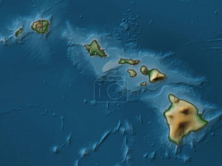 Téléchargez les photos : Hawaï, État des États-Unis d'Amérique. Carte d'altitude colorée avec lacs et rivières - en image libre de droit