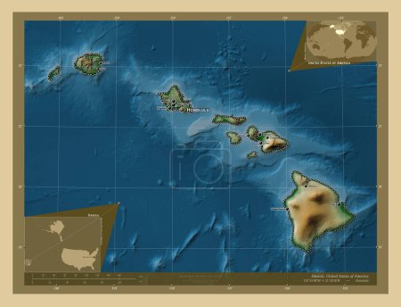 Téléchargez les photos : Hawaï, État des États-Unis d'Amérique. Carte d'altitude colorée avec lacs et rivières. Emplacements et noms des grandes villes de la région. Corner cartes de localisation auxiliaires - en image libre de droit