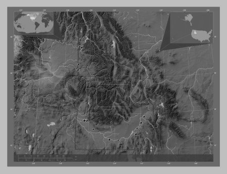Photo for Idaho, state of United States of America. Grayscale elevation map with lakes and rivers. Locations of major cities of the region. Corner auxiliary location maps - Royalty Free Image
