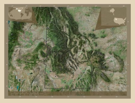 Foto de Idaho, estado de los Estados Unidos de América. Mapa satelital de alta resolución. Ubicaciones de las principales ciudades de la región. Mapas de ubicación auxiliares de esquina - Imagen libre de derechos