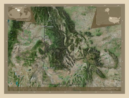 Photo for Idaho, state of United States of America. High resolution satellite map. Locations and names of major cities of the region. Corner auxiliary location maps - Royalty Free Image