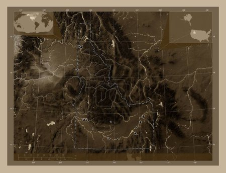 Téléchargez les photos : Idaho, État des États-Unis d'Amérique. Carte d'altitude colorée dans des tons sépia avec des lacs et des rivières. Emplacements des grandes villes de la région. Corner cartes de localisation auxiliaires - en image libre de droit