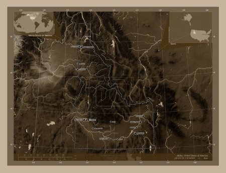 Téléchargez les photos : Idaho, État des États-Unis d'Amérique. Carte d'altitude colorée dans des tons sépia avec des lacs et des rivières. Emplacements et noms des grandes villes de la région. Corner cartes de localisation auxiliaires - en image libre de droit