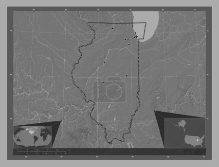 Téléchargez les photos : Illinois, État des États-Unis d'Amérique. Carte d'altitude de Bilevel avec lacs et rivières. Emplacements des grandes villes de la région. Corner cartes de localisation auxiliaires - en image libre de droit
