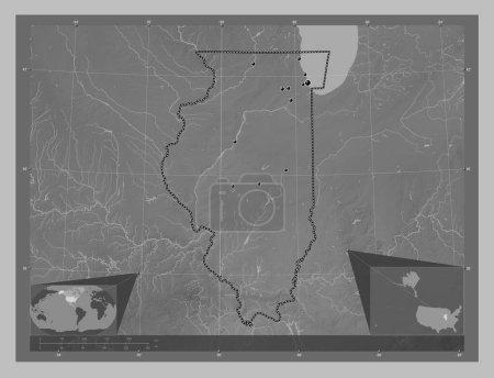 Foto de Illinois, estado de los Estados Unidos de América. Mapa de elevación a escala de grises con lagos y ríos. Ubicaciones de las principales ciudades de la región. Mapas de ubicación auxiliares de esquina - Imagen libre de derechos