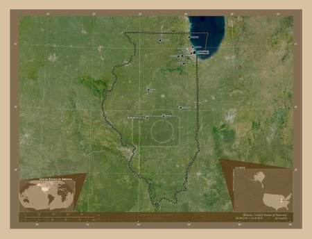 Photo for Illinois, state of United States of America. Low resolution satellite map. Locations and names of major cities of the region. Corner auxiliary location maps - Royalty Free Image