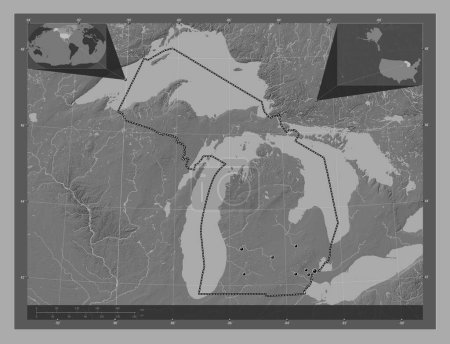 Foto de Michigan, estado de los Estados Unidos de América. Mapa de elevación de Bilevel con lagos y ríos. Ubicaciones de las principales ciudades de la región. Mapas de ubicación auxiliares de esquina - Imagen libre de derechos
