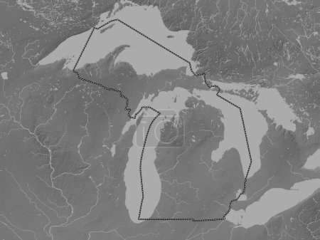 Téléchargez les photos : Michigan, État des États-Unis d'Amérique. Carte d'altitude en niveaux de gris avec lacs et rivières - en image libre de droit
