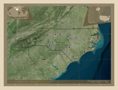 Foto de Carolina del Norte, estado de los Estados Unidos de América. Mapa satelital de alta resolución. Ubicaciones y nombres de las principales ciudades de la región. Mapas de ubicación auxiliares de esquina - Imagen libre de derechos