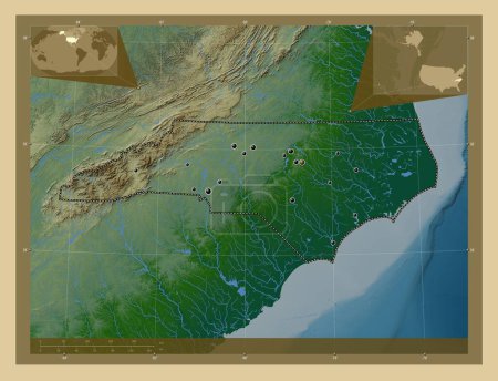 Foto de Carolina del Norte, estado de los Estados Unidos de América. Mapa de elevación de colores con lagos y ríos. Ubicaciones de las principales ciudades de la región. Mapas de ubicación auxiliares de esquina - Imagen libre de derechos