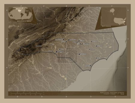 Foto de Carolina del Norte, estado de los Estados Unidos de América. Mapa de elevación coloreado en tonos sepia con lagos y ríos. Ubicaciones y nombres de las principales ciudades de la región. Mapas de ubicación auxiliares de esquina - Imagen libre de derechos