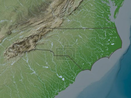 Foto de Carolina del Norte, estado de los Estados Unidos de América. Mapa de elevación coloreado en estilo wiki con lagos y ríos - Imagen libre de derechos
