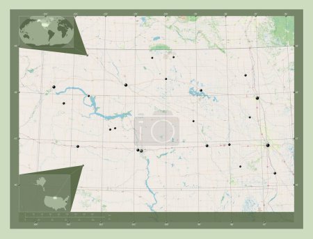 Téléchargez les photos : Dakota du Nord, État des États-Unis. Ouvrir la carte routière. Emplacements des grandes villes de la région. Corner cartes de localisation auxiliaires - en image libre de droit
