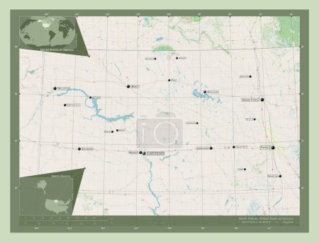 Téléchargez les photos : Dakota du Nord, État des États-Unis. Ouvrir la carte routière. Emplacements et noms des grandes villes de la région. Corner cartes de localisation auxiliaires - en image libre de droit