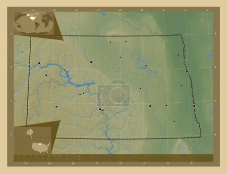 Téléchargez les photos : Dakota du Nord, État des États-Unis. Carte d'altitude colorée avec lacs et rivières. Emplacements des grandes villes de la région. Corner cartes de localisation auxiliaires - en image libre de droit