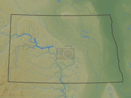 Foto de Dakota del Norte, estado de los Estados Unidos de América. Mapa de elevación de colores con lagos y ríos - Imagen libre de derechos
