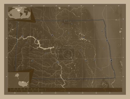 Téléchargez les photos : Dakota du Nord, État des États-Unis. Carte d'altitude colorée dans des tons sépia avec des lacs et des rivières. Emplacements des grandes villes de la région. Corner cartes de localisation auxiliaires - en image libre de droit