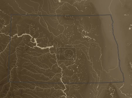 Téléchargez les photos : Dakota du Nord, État des États-Unis. Carte d'altitude colorée dans des tons sépia avec des lacs et des rivières - en image libre de droit