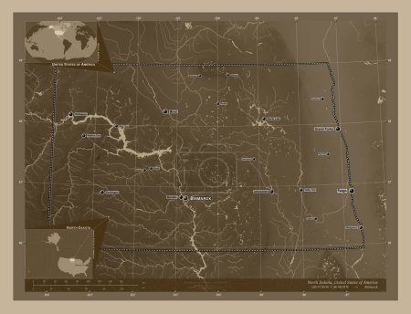 Téléchargez les photos : Dakota du Nord, État des États-Unis. Carte d'altitude colorée dans des tons sépia avec des lacs et des rivières. Emplacements et noms des grandes villes de la région. Corner cartes de localisation auxiliaires - en image libre de droit