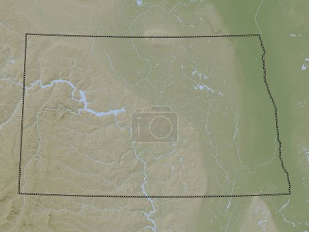 Téléchargez les photos : Dakota du Nord, État des États-Unis. Carte d'altitude colorée dans le style wiki avec des lacs et des rivières - en image libre de droit