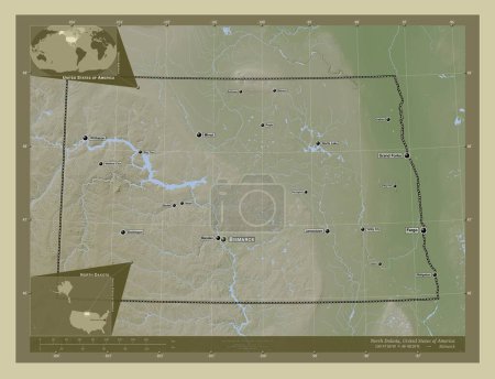 Téléchargez les photos : Dakota du Nord, État des États-Unis. Carte d'altitude colorée dans le style wiki avec des lacs et des rivières. Emplacements et noms des grandes villes de la région. Corner cartes de localisation auxiliaires - en image libre de droit
