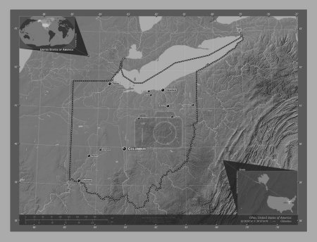 Foto de Ohio, estado de los Estados Unidos de América. Mapa de elevación de Bilevel con lagos y ríos. Ubicaciones y nombres de las principales ciudades de la región. Mapas de ubicación auxiliares de esquina - Imagen libre de derechos