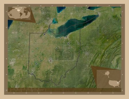 Foto de Ohio, estado de los Estados Unidos de América. Mapa satelital de baja resolución. Ubicaciones de las principales ciudades de la región. Mapas de ubicación auxiliares de esquina - Imagen libre de derechos