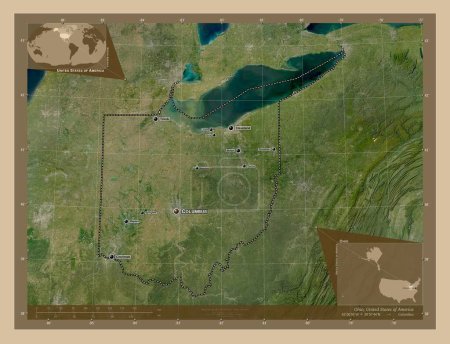Foto de Ohio, estado de los Estados Unidos de América. Mapa satelital de baja resolución. Ubicaciones y nombres de las principales ciudades de la región. Mapas de ubicación auxiliares de esquina - Imagen libre de derechos