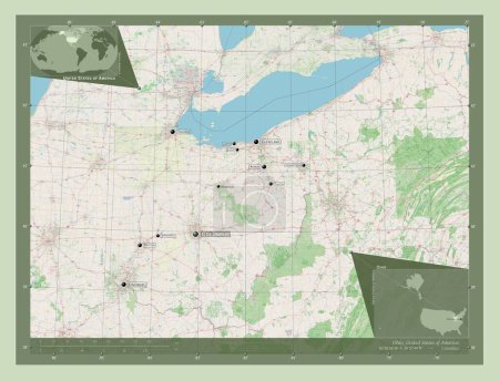 Foto de Ohio, estado de los Estados Unidos de América. Open Street Map. Ubicaciones y nombres de las principales ciudades de la región. Mapas de ubicación auxiliares de esquina - Imagen libre de derechos