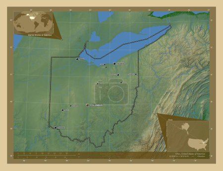 Foto de Ohio, estado de los Estados Unidos de América. Mapa de elevación de colores con lagos y ríos. Ubicaciones y nombres de las principales ciudades de la región. Mapas de ubicación auxiliares de esquina - Imagen libre de derechos