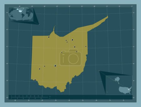 Foto de Ohio, estado de los Estados Unidos de América. Forma de color sólido. Ubicaciones de las principales ciudades de la región. Mapas de ubicación auxiliares de esquina - Imagen libre de derechos