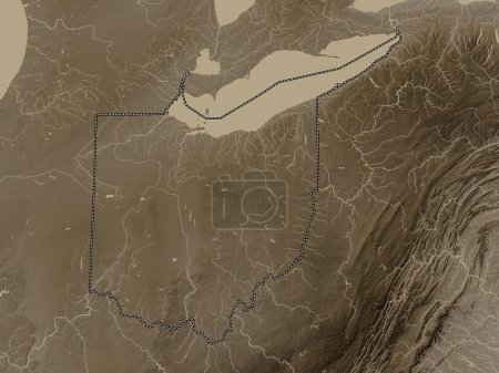 Foto de Ohio, estado de los Estados Unidos de América. Mapa de elevación coloreado en tonos sepia con lagos y ríos - Imagen libre de derechos