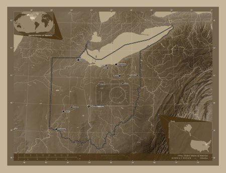 Foto de Ohio, estado de los Estados Unidos de América. Mapa de elevación coloreado en tonos sepia con lagos y ríos. Ubicaciones y nombres de las principales ciudades de la región. Mapas de ubicación auxiliares de esquina - Imagen libre de derechos