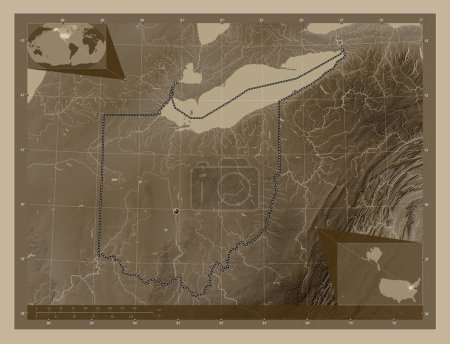 Téléchargez les photos : Ohio, État des États-Unis. Carte d'altitude colorée dans des tons sépia avec des lacs et des rivières. Corner cartes de localisation auxiliaires - en image libre de droit
