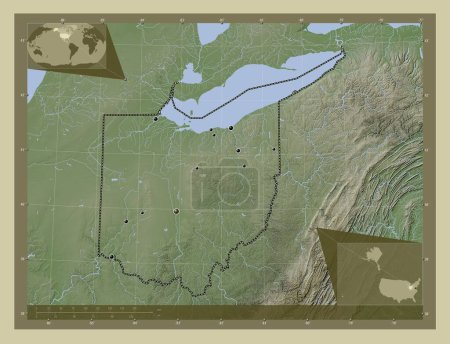 Foto de Ohio, estado de los Estados Unidos de América. Mapa de elevación coloreado en estilo wiki con lagos y ríos. Ubicaciones de las principales ciudades de la región. Mapas de ubicación auxiliares de esquina - Imagen libre de derechos