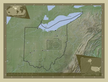 Foto de Ohio, estado de los Estados Unidos de América. Mapa de elevación coloreado en estilo wiki con lagos y ríos. Ubicaciones y nombres de las principales ciudades de la región. Mapas de ubicación auxiliares de esquina - Imagen libre de derechos