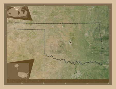 Téléchargez les photos : Oklahoma, État des États-Unis d'Amérique. Carte satellite basse résolution. Corner cartes de localisation auxiliaires - en image libre de droit