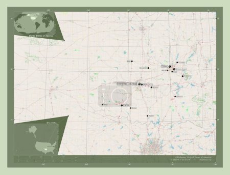 Foto de Oklahoma, estado de los Estados Unidos de América. Open Street Map. Ubicaciones y nombres de las principales ciudades de la región. Mapas de ubicación auxiliares de esquina - Imagen libre de derechos