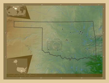 Foto de Oklahoma, estado de los Estados Unidos de América. Mapa de elevación de colores con lagos y ríos. Ubicaciones de las principales ciudades de la región. Mapas de ubicación auxiliares de esquina - Imagen libre de derechos