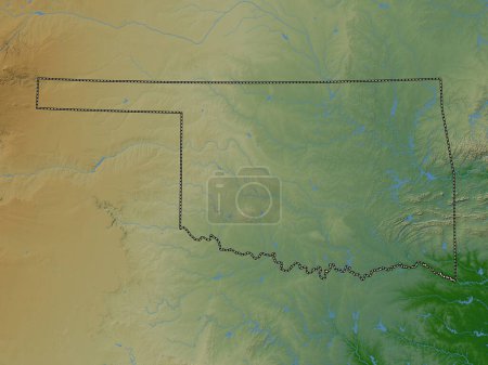 Foto de Oklahoma, estado de los Estados Unidos de América. Mapa de elevación de colores con lagos y ríos - Imagen libre de derechos
