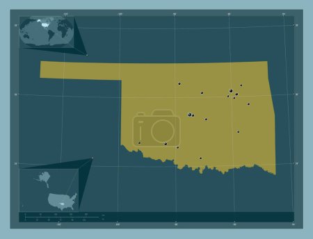 Photo for Oklahoma, state of United States of America. Solid color shape. Locations of major cities of the region. Corner auxiliary location maps - Royalty Free Image