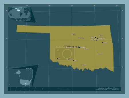 Foto de Oklahoma, estado de los Estados Unidos de América. Forma de color sólido. Ubicaciones y nombres de las principales ciudades de la región. Mapas de ubicación auxiliares de esquina - Imagen libre de derechos